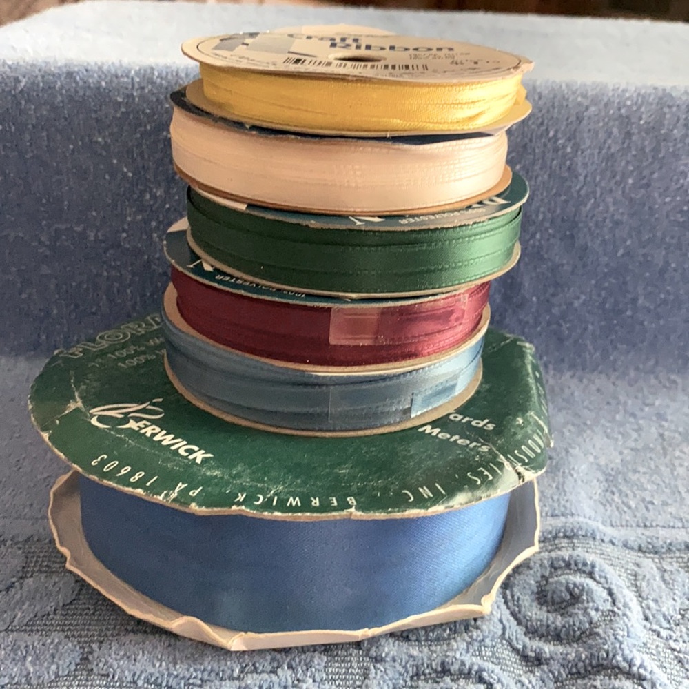 6 rolls of crafting ribbon blue yellow green etc